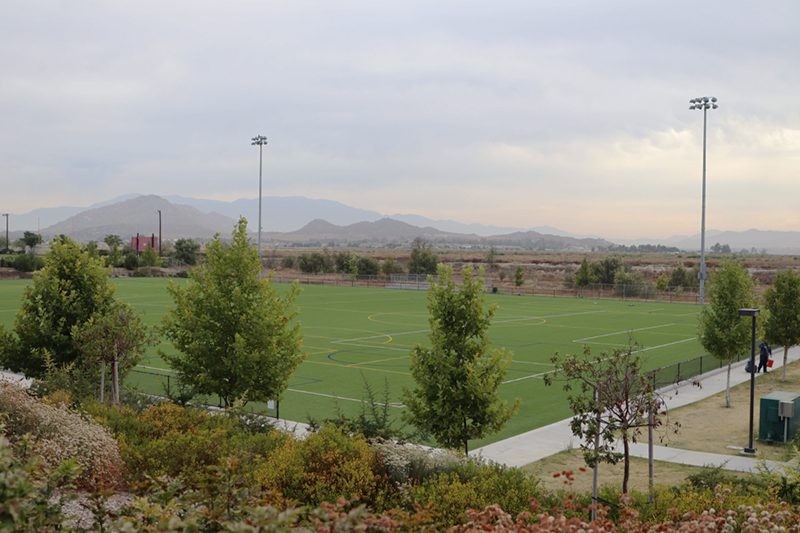 A peaceful park with green grass and distant mountains under a cloudy sky.