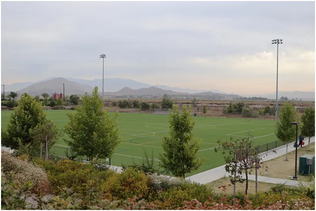 A peaceful park with green grass and distant mountains under a cloudy sky.