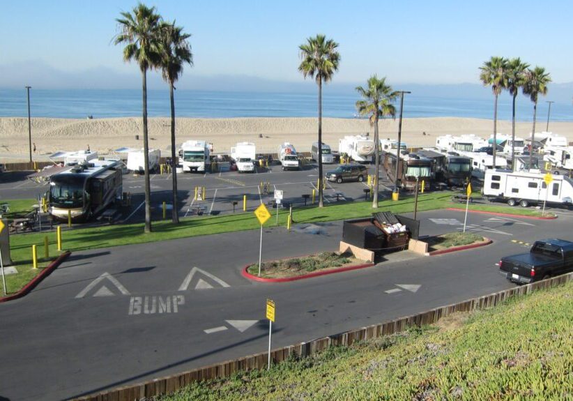 Coastal road with palm trees beside the beach under a clear sky.